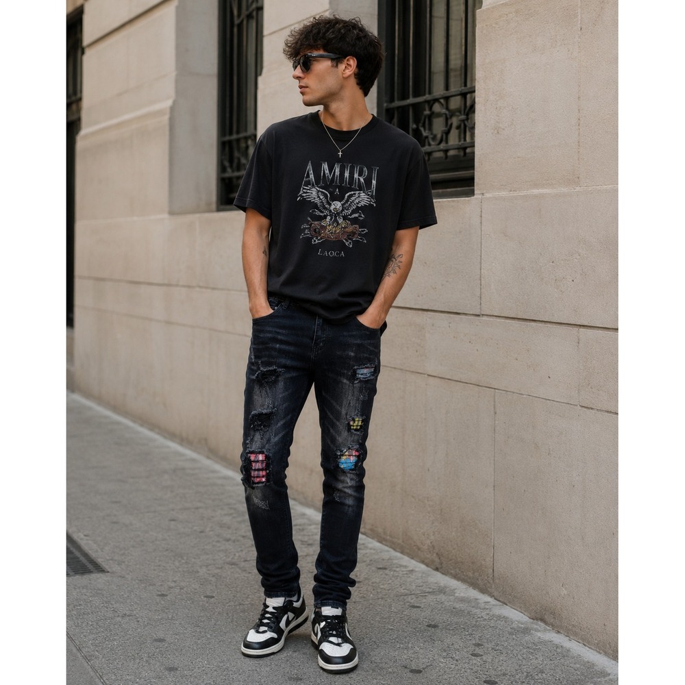 Amiri MX1 Denim Jeans $1080 Size 38 x 32 Patchwork Tie Dye‎ Leather Distressed